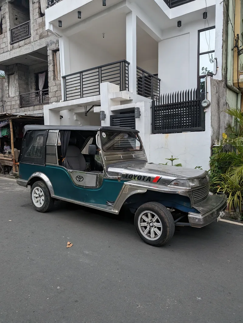 Teal and silver Owner Type Jeep in Liliw, Laguna, Philippines showing wider street view with neighboring houses.