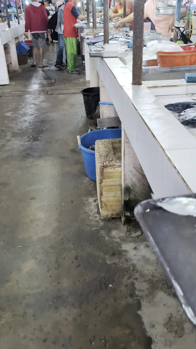 Bustling indoor fish market in Roxas Palawan Philippines with concrete floors and white tiled counters and blue buckets on the floor